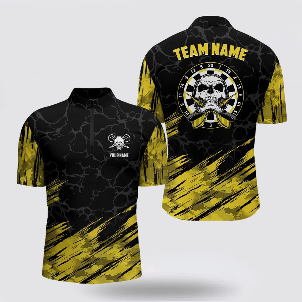 Dart Jerseys, All Over Print Skull Dart Jerseys Yellow Black Mens, Custom Dart Jerseys