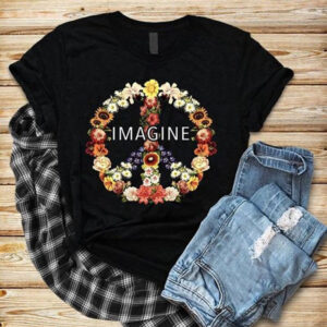 Imagine Hippie Peace Flowers Black T-Shirt